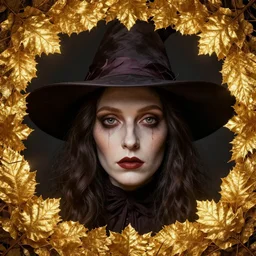 golden leaves at frame border, magical lighting, creative!!! composition for a book cover!!!, absurdly beautiful, ultrafine hyperrealistic detailed old!! witch face by wlop and artgerm and alphonse mucha, intricate linework, sharp focus, smooth, octopath traveler, final fantasy, unreal engine, dramatic lighting, ethereal, 8 k