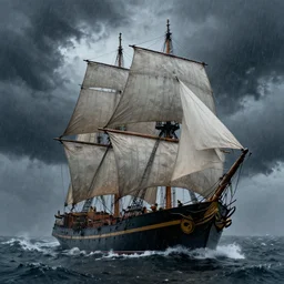 1 7 0 0 s sailing ship in a storm, wet, highly detailed, dark