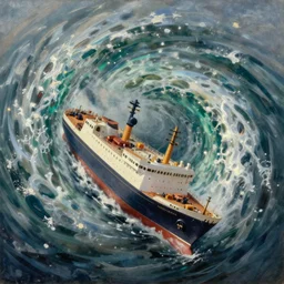 Ship sinking in whirlpool, masterpiece, oil painting