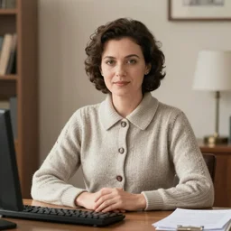 a photographic portrait of a secretary sitting behind a desk, clothes in 1 9 7 0 th knitted burda style,