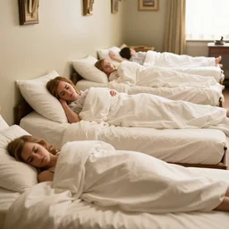 a bunch of beds lined up in a room with emma watson in each one