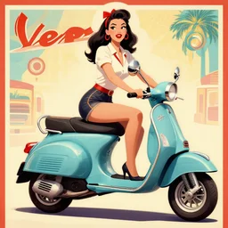 vespa scooter, pinup girl, retro poster