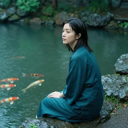 beautiful japanese woman sitting beside a koi pond in the rain, yumiko kayukawa, drab blue greens, dark greens