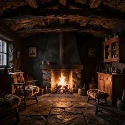 photorealistic rendering of interior a hebrides crofter's black house dwelling, in scotland, 1 8 0 0 s, cozy, open peat fire in center of room, stone floor, smoke, cabinets, wooden furtniture, low ceiling, turf roof, volumetric lighting, dark, dark, dingy, old, unreal engine render