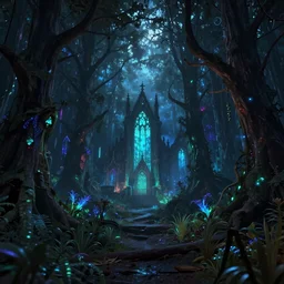 neo-gothic bioluminiscent woodland details, moody volumetric lighting, digital arts, 8K