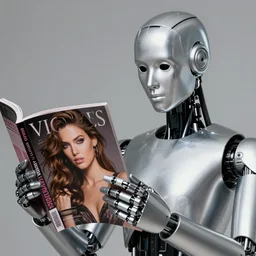 realistic portrait of a silver robot is holding and watching a fashion magazine in hand and the magazine displays a victoria's secret model in detail and the robot's face is partially moprhed into an exact copy of the model's face, realistic, 4 k