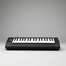 3 d render all black electronic melodica musical instrument, centered on studio gray background, black keyboard, octane engine render, extremely detailed product concept, wearable musical instrument