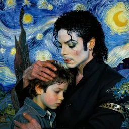 michael jackson with his hand on a scared small boy's head, light volumetric in the style of van gogh