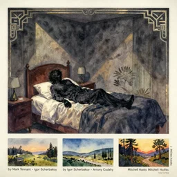 1920s art deco watercolor by Tito Corbella, moody, a lonely figure enshrouded in a surrealist representation of their own bedroom, by Mark Tennant by Igor Scherbakov by Anthony Cudahy, vintage postcard illustration by Mitchell Hooks