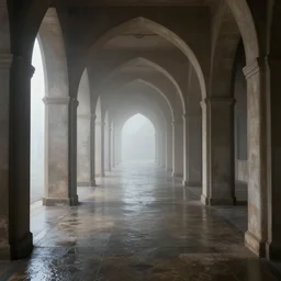 Beautiful Photograph of an infinitely tiled infinite foggy liminal hallway with archways and water water water water on the floor