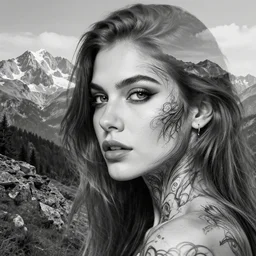 double exposure of a hyper realistic mountain scenery with a beautiful woman face, tattoo design sketch, in the style of matteo pasqualin, hyper - realistic, amazing detail, black and white