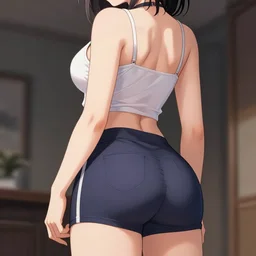 beautiful girl with perfect body, wearing a thin strap tanktop and tight shorts, seen from the back, in the style of greg rutkowski, anime artstyle, intricate, sharp colors