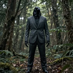 humanoid, crow head, full body, suit, terror, forest, movie poster, contrast, - n 9