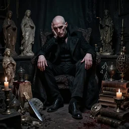 night portrait of a neurotic forty two year old british man vampire feeling confidant thin in a cluttered room full of ancient artifacts dark dusty ( bald ) statues runes books magical arcane instruments candlesticks ritual stone knife drapery bloody atmospheric f / 1. 4 hdr