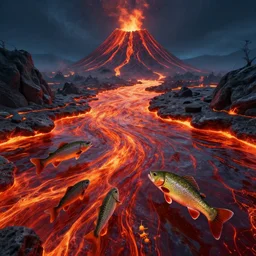 school of fish swimming in flowing lava. lava lake. volcano. fire. trout and bass. 4 k video game concept art. unreal engine.