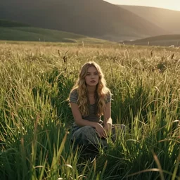 Cinematic cinematography shot still from Terrence Malick film of Kat Dennings sitting in beautiful field of long grass 70mm film