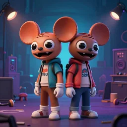 miniature deadmau5 kids standing back to back, twilight zone background, illustration, artgerm, octane render, inspired by Greg rutkowski, colorful, studio lighting, full body,