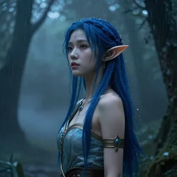breathtaking photorealistic concept art of beautiful young Asian elf woman with elf ears and blue hair in a hazy forest at night in the rain, dark and moody lighting, brilliant use of light and shadow, by Artgerm, cinematic, epic scene, 8K, Octane render, trending on Artstation