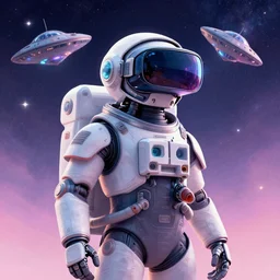 cyberpunk astronaut bot, cinema 4 d, galaxy, ufo, space sci - fi, wearing vr goggles, illustration, portrait, pastel neon textured background night, trending on artstation, greg rutkowski, octane rendered, 1 2 k, detailed,