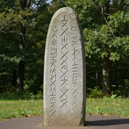 runestone, runic inscription, megalithic, monument, nature, trees, focused, centered, very detailed, norse, history, oil painting, Albert Bierstadt