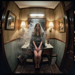 kodak portra 4 0 0, wetplate, fisheye, award - winning portrait by britt marling, 1 9 2 0 s bathroom, ghost, picture frames, shining lamps, dust, smoke, 1 9 2 0 s furniture, wallpaper, carpet, books, muted colours, wood, fog,