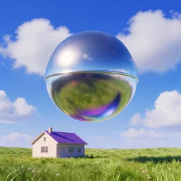 a chrome orb flying over a house in a meadow with puffy clouds in blue sky. slick, retrofuturistic design. deep colorful soft gradients, and translucence. pre - 2 0 0 0 s era. vintage computer art, early computer graphics. by stanislaw fernandes and eyvind earle