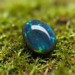 beautiful black opal laying on a bed of moss, photorealistic, macro