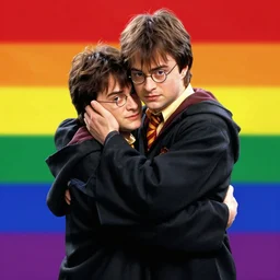 voldemort and harry potter hugging, pride flag background