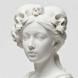 full head and shoulders, beautiful young female porcelain sculpture by daniel arsham and raoul marks, smooth, all white features on a white background, delicate facial features, white eyes, white lashes, detailed white 3 d giant skulls on the head, fine detail