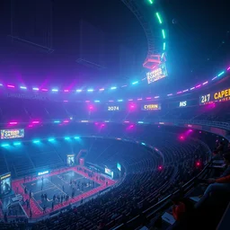 photo environement cyberpunk stadium : 4, 4 k rtx hdr volume light concept studio matte painting environement digital illustration style cyberpunk 2 0 7 7 artstation artur tarnowski, mihai muscan, marcin tomalak, marta leydy, marcin stepien, charlotte hughes, zuzanna dabrowa neon bioluminiscence