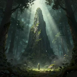 a single tall mountain reaching towards space, an ecological gothic scene with a beautiful druid in the distance, witch runes in the deep forest, magical clearing, sunshafts, dramatic lighting, dust motes floating in the sunlight, 4 k digital concept art