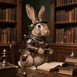 steampunk rabbit in a library by justin gerard