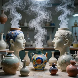 an alchemical laboratory of vapour voices made from ceramic vessels, air flow, clay, no humans, 8 k, unreal, high resolution, vivid colours,