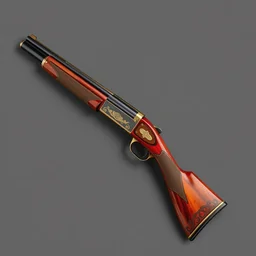 a shotgun made from glossy red - painted wood and elements of gold metalwork