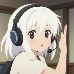 anime film visual of a young girl with white hair and headset in her room interior, cute face by ilya kuvshinov, makoto shinkai, kyoto animation, dynamic perspective and pose, detailed eyes, less nose, crisp and sharp cel shade