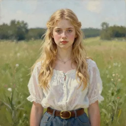young blonde pioneer girl in a meadow, portrait, oil