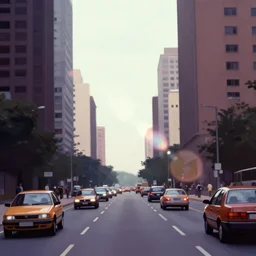 a group of cars driving down a street next to tall buildings, a matte painting by andrey yefimovich martynov, pixiv, superflat, streetscape, anamorphic lens flare, photo taken with ektachrome