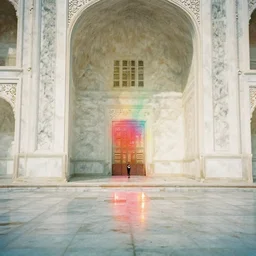 colorful paint splatter inside a marble temple, film photo, soft lighting album cover, nostalgia, gradient, light reflection