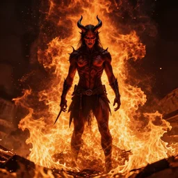 a demon standing in the middle of hell fire.