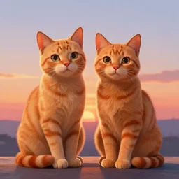 two orange cats sitting in front of sunset, intricate, elegant, highly detailed, ray tracing, digital painting, artstation, concept art, smooth, sharp focus, pixar movie