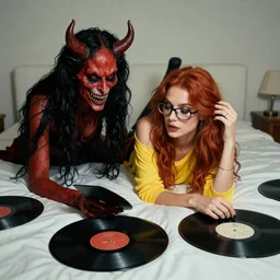 photograph of a scary demon and a beautiful seductive slim redhead woman with glasses wearing a yellow shirt one shoulder bare listening to records lying on a big bed