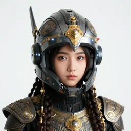 centered medium shot fine studio photograph of a beautiful persian girl wearing a mecha electronic helmet with led lights and persian golden ornaments, ultra-realistic, white background, 8k HDR morning light, intricate detail
