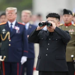 kim jong un using binoculars, standing beside donald trump at a military parade