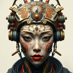 portrait of a cyberpunk machine, machine face, upper half portrait, decorated with chinese opera motifs, african! fine china, traditional chinese art, intricate, elegant, highly detailed, symmetry, headpiece, digital painting, artstation, concept art, smooth, sharp focus, illustration, art by artgerm and greg rutkowski and alphonse mucha, 8 k