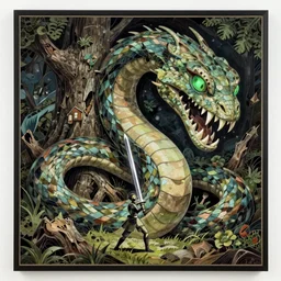 A beautiful sculpture of a large, looming creature with a long, snake-like body. The creature has many large, sharp teeth, and its eyes glow a eerie green. It is wrapped around a large tree, which is bent and broken under the creature's weight. There is a small figure in the foreground, clutching a sword, which is dwarfed by the size of the creature. 2010s, intarsia inlay by Hayao Miyazaki, by Amy Sillman funereal