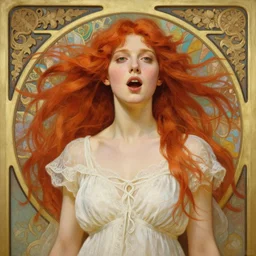 intricate art nouveau portrait oil painting of redheaded young molly ringwald with long red hair blowing in the wind, mouth open, wearing a delicate white dress, in front of a carved screen, elegant, digital painting, smooth, sharp focus, illustration, ultra realistic, 8 k, by bouguereau, alphonse mucha, artgerm, and donato giancola