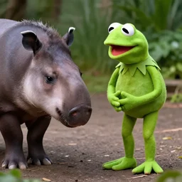 Kermit the Frog talking to a tapir.