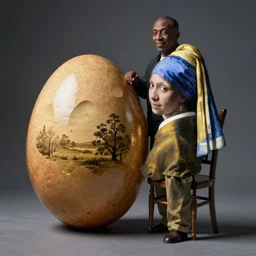 danny devito standing next to a chair shaped like an egg, renaissance painting by vermeer