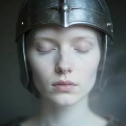 out of focus photorealistic portrait of a beautiful aesthetic pale woman by saul leiter, very blurry, translucent white skin, closed eyes, foggy, with a medieval helmet, pale lips