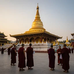 several monks outside a buddhist temple, twilight, golden hour,